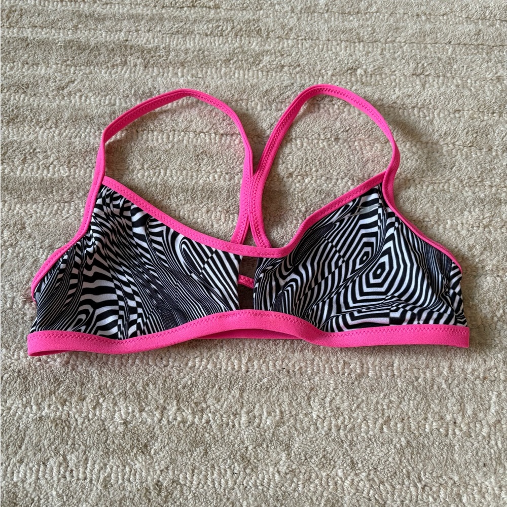 Speedo Black and White Geometric Bikini Top with Pink Trim